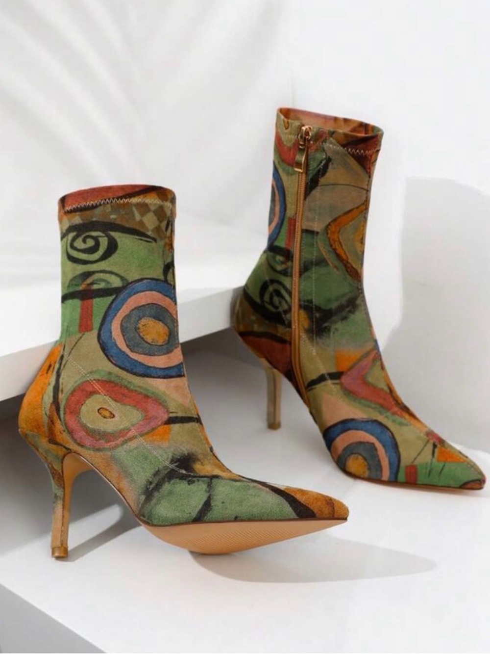 All Over Print Multicolor Abstract Pointed-Toe Stiletto Sock Bootie. - Picture 6 of 12